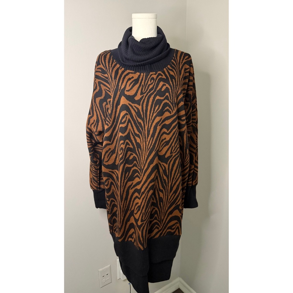 Vintage Dress Code USA Brown Black Zebra Cowl Neck Oversized Sweater Tunic